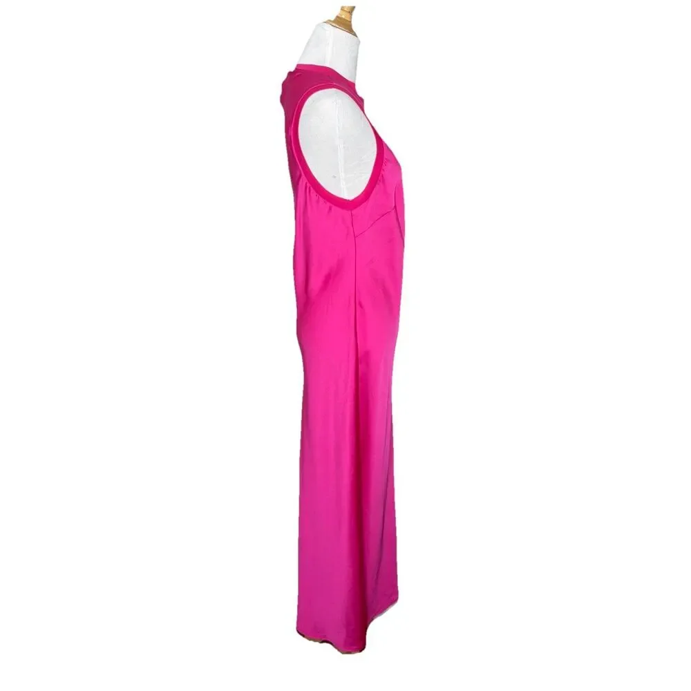 Scoop Crew Neck Satin Midi Tank Dress Classic Fit Bright Pink Size Medium 8-10